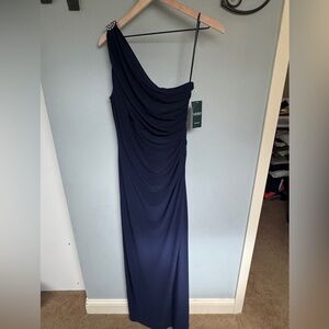 Ralph Lauren Navy One-Shoulder Draped Gown